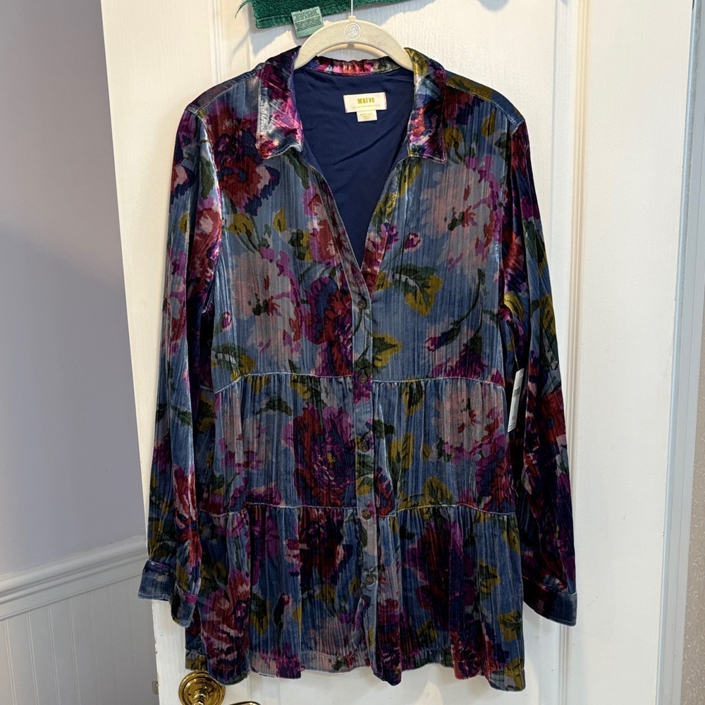 Anthropologie Velvet Floral Tiered Tunic in Navy, Plum, Olive